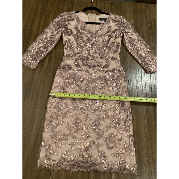 Tadashi Shoji Lace 3/4 Sleeve V-Neck Paillette Sequin Embroidered midi Dress - Picture 8 of 12